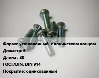 Винт установочный, с коническим концом 6х30 DIN 914 оцинкованный